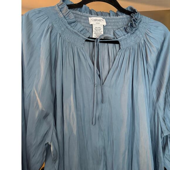 Carmen High Ruffle Neck Blouse Top Long Sleeve 2X tie Neck Flowy Boho Office - Picture 3 of 6